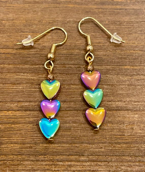 Gemstone Earrings - Hematite Crystal Healing, Heart Rainbow