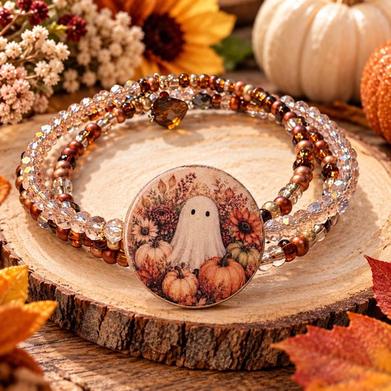 Autumn Boo Patch Mini Wrap Bracelet, Hematite Gemstone Bracelet, Cute Ghost Fall Jewelry, Pumpkin Charm Bracelet, 3 Coil Wrap