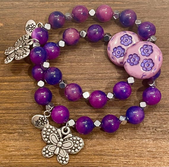 Gemstone Bracelet - Sugilite Quartz Crystal Healing Bracelets, Butterfly, Daisy