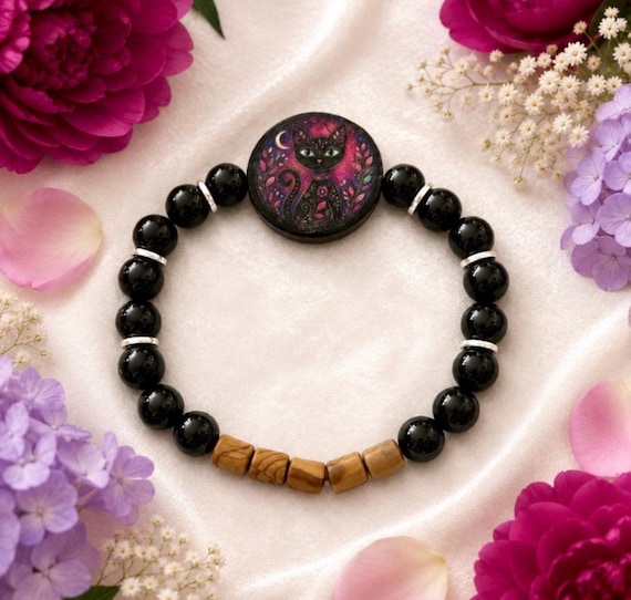 Whispers of the Mooncat Bracelet, Black Onyx and Petrified Wood Gemstone Jewelry, Artisan Cat Bead Bracelet, Mystical Gift