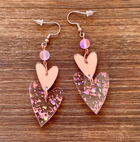 Pink Confetti Heart Dangle Earrings • Rose Gold Tone, Mystic Aura Quartz