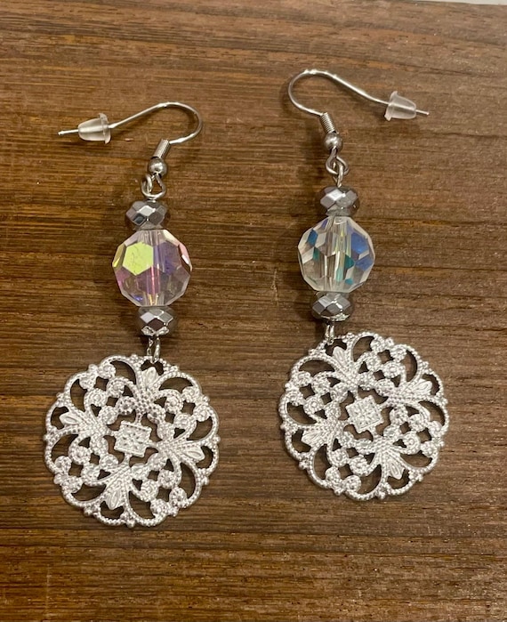 Gemstone Earrings - Hematite  Crystal Healing, Filigree Jewelry