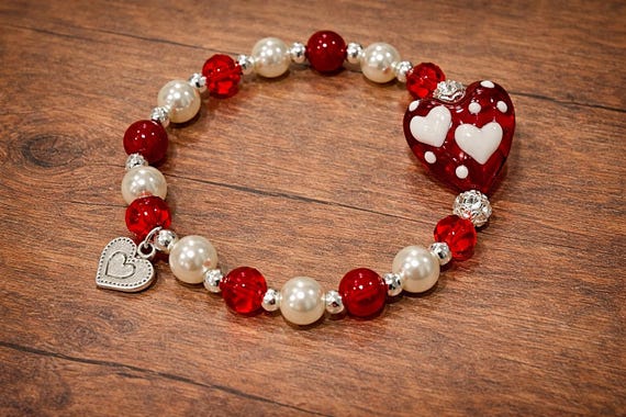 Crimson Heart Harmony Bracelet – Ruby Red Jade, Silver Hematite, Pearls, Lampwork Heart, Valentine Jewelry