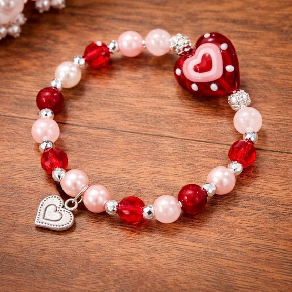 Crimson Heart Devotion Bracelet – Ruby Red and Pink Jade, Silver Hematite, Lampwork Glass Heart, Love and Passion Crystal Jewelry