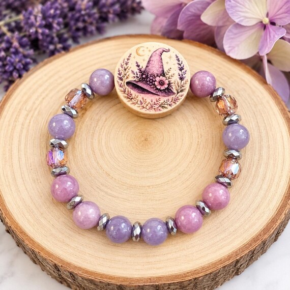 Lavender Moon Witch’s Blessing Bracelet • Lepidolite & Purple Chalcedony Gemstone Bracelet • Witch Hat Artisan Wood Focal • Spiritual Gift
