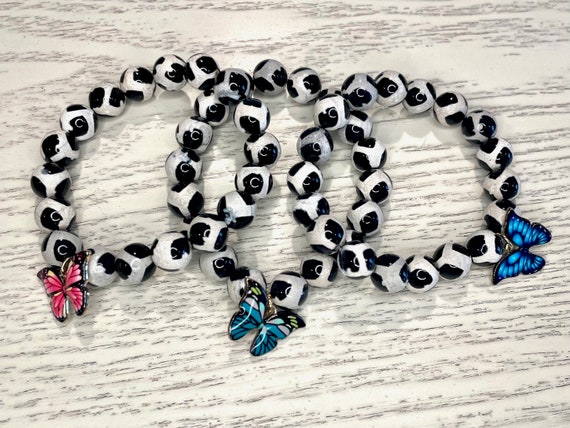 Gemstone Bracelet - Tibetan Onyx Crystal Healing, Butterfly Jewelry