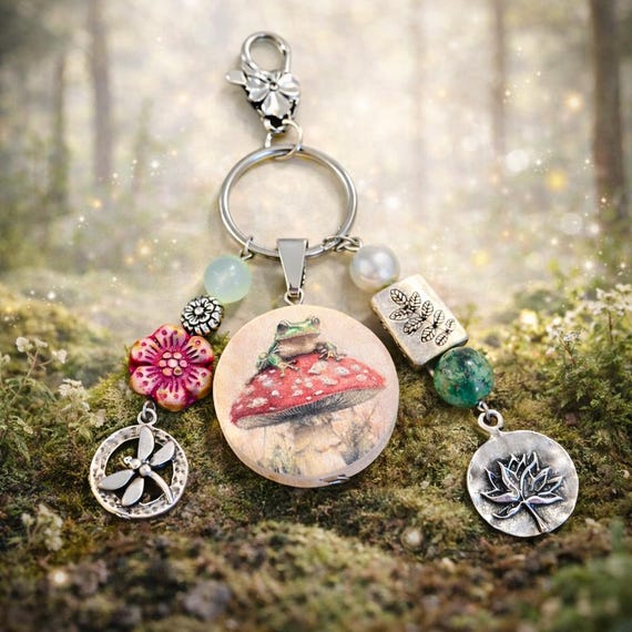 Enchanted Meadow Frog Mushroom Keychain – African Turquoise, Jade Gemstone Bag Charm