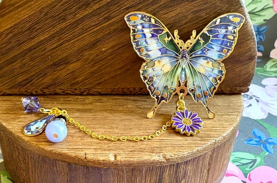 Blue Lace Agate Butterfly Bookmark: Swarovski Crystal Enamel Flower