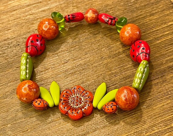 Gemstone Bracelet - Apple Coral Crystal Healing Bracelets, Ladybug Jewelry