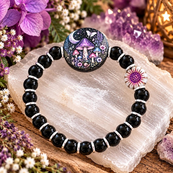 Midnight Mushroom Reverie Bracelet, Black Onyx Gemstone Jewelry, Purple Mushroom Fairycore, Enchanted Woodland Gift