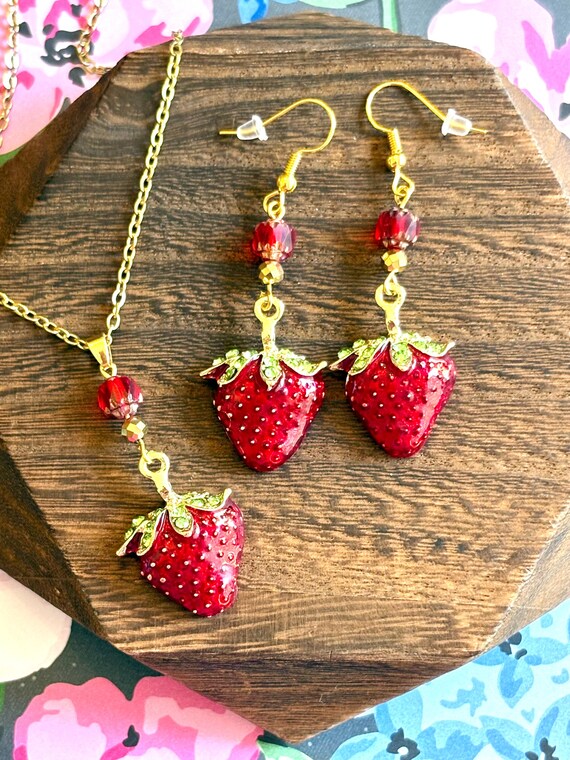 Strawberry Kisses Jewelry Set - Enamel Charms, Gold Hematite, Red Czech Glass, 18” Stainless Steel Necklace, Hypoallergenic Earrings