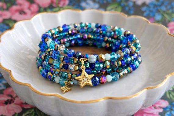 Aurora Borealis Crystal Wrap Bracelet | Star Charm, Czech Glass