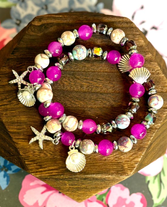 Starshine by the Sea Bracelet – Jersey Shore Collection – Jade, Galaxy Imperial Jasper, Silver Hematite, Czech Glass, Starfish & Shell Charm