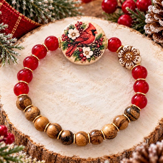 Cardinal's Winter Hearth Bracelet, Red Jade Gemstone Jewelry, Christmas Cardinal Gift, Woodland Holiday Stretch Bracelet
