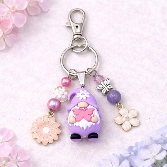 Purple Gnome Keychain, Whimsical Purse Charm, Lepidolite Crystal Charm, Fairycore Keychain, Cute Gnome Gift, Enchanted Bag Charm