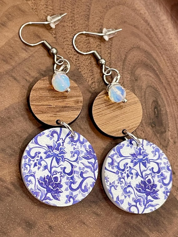 Gemstone Earrings - Opalite Crystal Healing, Blue