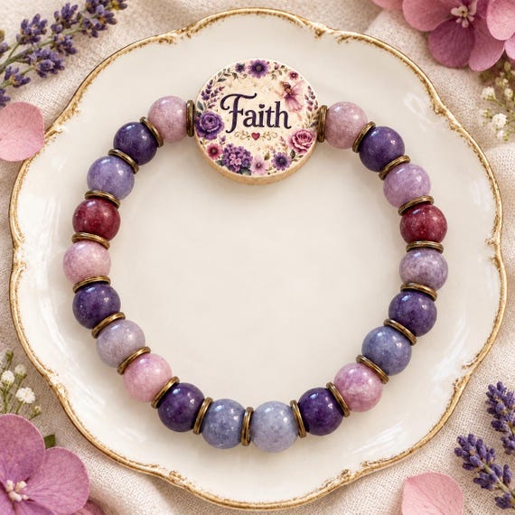 Faith in Bloom Lepidolite Bracelet | Christian Faith Jewelry | Purple Pink Gemstone Bracelet | Floral Artisan Wood Bead | Reiki Infused