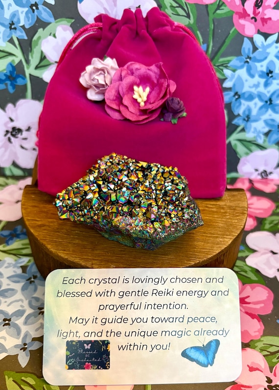 Rainbow Aura Amethyst Cluster | Reiki Blessed Crystal Gift Set