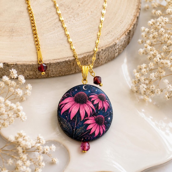 Moonlit Coneflower Reverie Necklace – Handmade Garnet Gemstone Necklace | Gold Stainless Steel Floral Pendant | Cottagecore Botanical