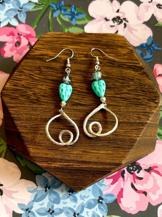 Silver Hematite Leaf Earrings | Upside Down Heart Swirl Drops | Czech Glass Cathedral Beads | Hypoallergenic Silver