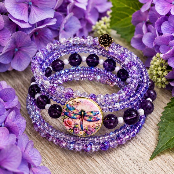Dragonfly Secret Garden Coil Wrap Bracelet | Amethyst Gemstone Bracelet | Dragonfly Jewelry | Purple Crystal Memory Wire Bracelet
