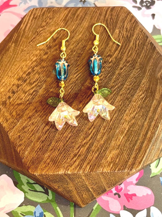 Fairy Bells Earrings – Czech Glass Tulips, Gold Hematite, Lily of the Valley Flowers – 2.25” Hypoallergenic Stainless Steel