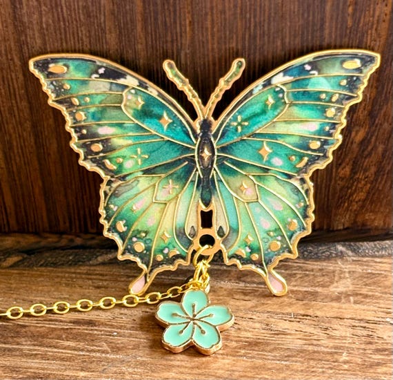 Wings of the Tides Butterfly Bookmark – Sea Sediment Jasper, Turquoise Crystal & Floral Charms – 5.5” Ocean-Inspired Metal Bookmark