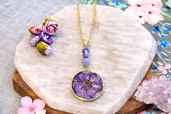 Pressed Lavender Flower Necklace • Lepidolite Gemstone Pendant • Gold Stainless Steel Chain