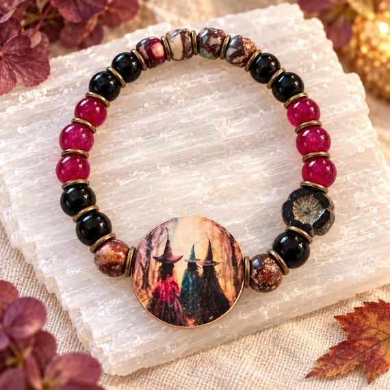 Three Witches Enchanted Wood Bracelet | Black Onyx Pink Agate Galaxy Sea Sediment Jasper | Witchy Halloween Gemstone Jewelry