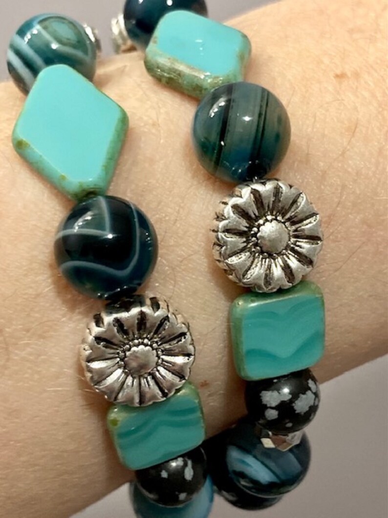 Daisy Charm Gemstone Bracelet Agate Czech Glass Hematite Snowflake Obsidian Protection Bracelets