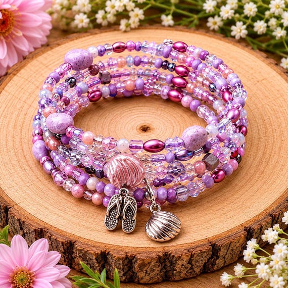Whispering Seas Enchantment Wrap Bracelet | Coastal Gemstone Memory Wire Bracelet | Beach Lover Jewelry | Seashell Charm Bracelet | Handmade