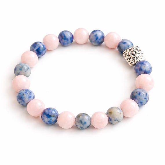 Kunzite Blue Spotted Jasper Stretch Bracelet | Floral Silver Focal Bead, Feminine Healing Crystals
