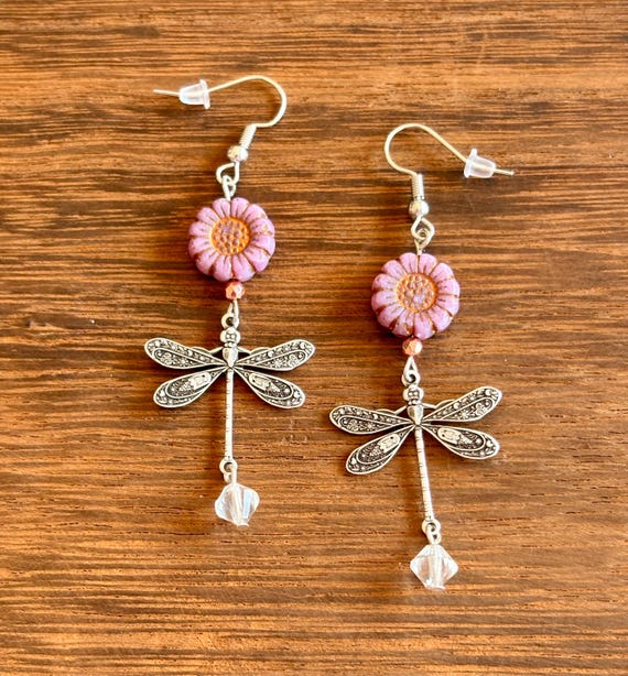 Gemstone Earrings - Clear Quartz / Hematite Crystal Healing, Whimsical Dragonfly Jewelry, Pink