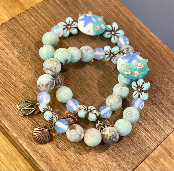 Beach Day Beauty Bracelet – Jersey Shore Collection – Terra Agate, Opalite, Lampwork Starfish & Czech Glass Flowers – Stretch Fit