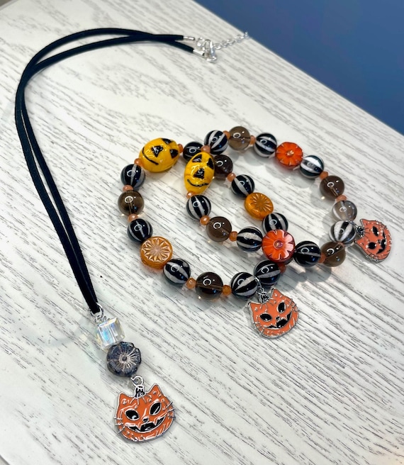 Gemstone Bracelet / Pendant Necklace - Tibetan Dzi Agate / Jade / Smoky Quartz Crystal Healing, Halloween Pumpkin Cat