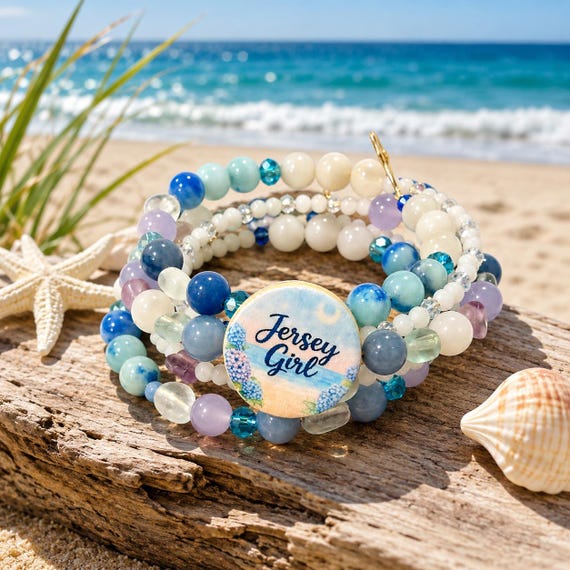 Jersey Shore Enchanted Wrap Bracelet • Jade, Fluorite & Blue Aventurine Gemstones • Coastal Boho Memory Wire Bracelet • Starfish Charm