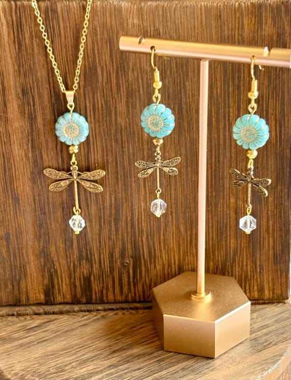 Gemstone Pendant Necklace - Clear Quartz / Hematite Crystal Healing, Whimsical Dragonfly Jewelry, Bloom and Gilded Wings
