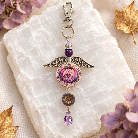 Enchanted Harvest Pumpkin Purse Charm, Purple Jade Angel Keychain, Pink Pumpkin Bag Charm, Fall Gift, Reiki Infused Jewelry