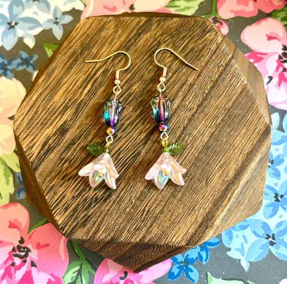 Fairy Bells Earrings: Rainbow Hematite, Czech Glass Tulip, Rose Gold