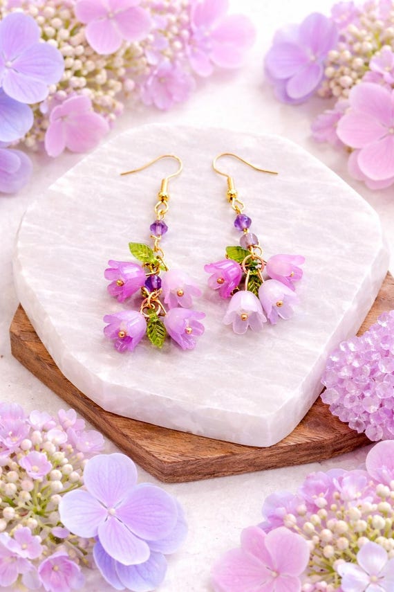 Amethyst Flower Dangle Earrings, Gold Hypoallergenic, Cottagecore Spring Jewelry