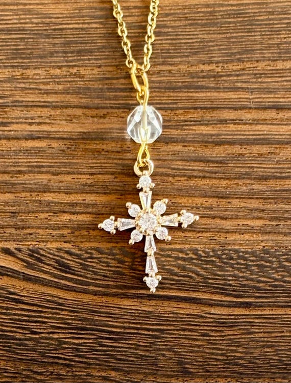 Gemstone Pendant Necklace - Clear Quartz Crystal Healing, Cross, Beauty In Faith