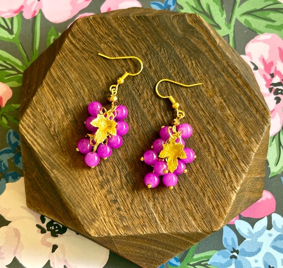 Vineyard Whispers Earrings – Magenta Grape Beads, Gold Leaf Charm, Gold Hematite Accents, Stainless Steel Hooks