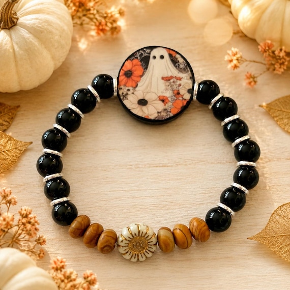 Whisperbloom Ghost Bracelet, Black Onyx and Petrified Wood, Artisan Halloween Jewelry, Floral Ghost Bracelet, Spooky Gift