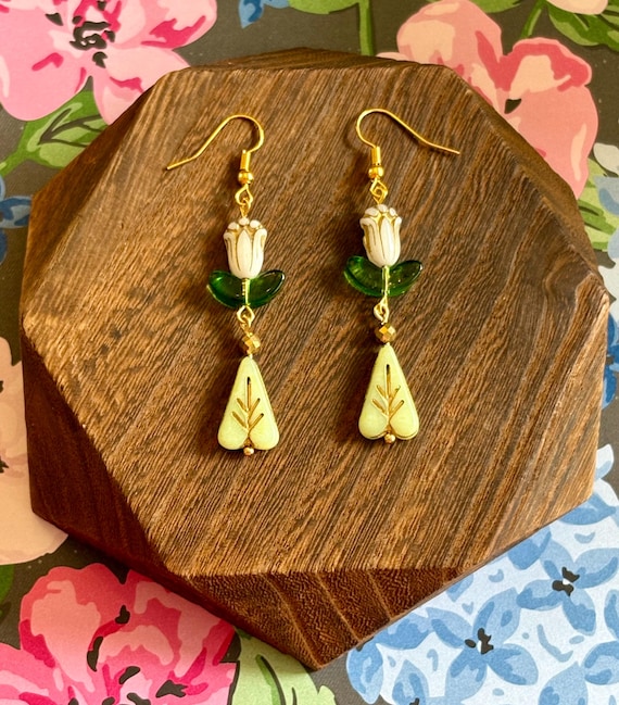 Late Summer Whispers Earrings – Czech Glass Tulips with Green Leaves & Gold Hematite – 2.5” Lightweight Floral Dangle Earrings