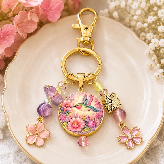 Hummingbird Blossom Serenade Purse Charm Keychain - Handmade Double-Sided Hummingbird Art, Amethyst & English Violet Cat’s Eye Gemstones