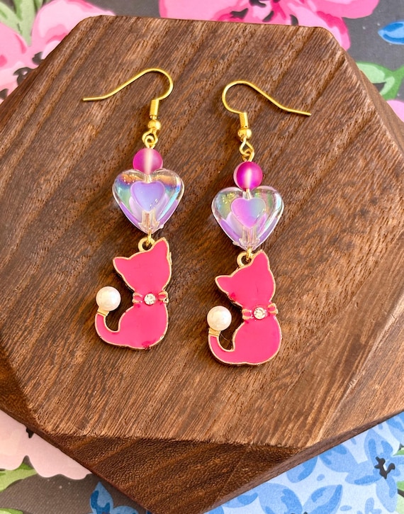 Pink Enamel Cat Earrings | Mystic Aura Quartz, Hypoallergenic