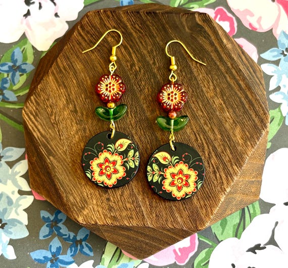 Czech Glass Flower Earrings: Red Wood Heart Charm, Gold Tone