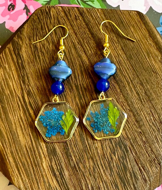 Resin Dried Flower Hexagon Earrings: Jade, Czech Glass, Gold Tone