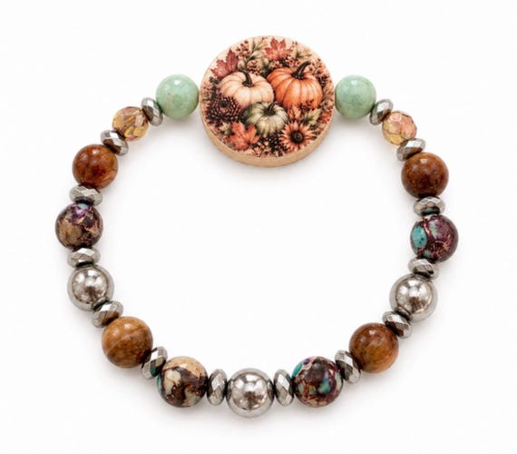 Pumpkin Gemstone Bracelet, Orange Tigers Eye Terra Agate Jasper, Silver Hematite, Handmade Fall Jewelry, Autumn Gift for Her