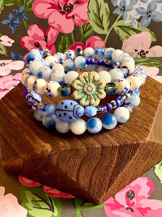 Blue Garden Whispers Wrap – Summer Lovin’ Gemstone Bracelet with Jade, Czech Glass Flowers, Porcelain Beads and “You Are Loved” Charm